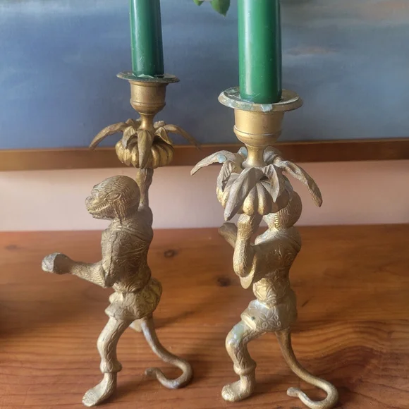 Vintage Solid Brass monkey Candlestick Holders Pair